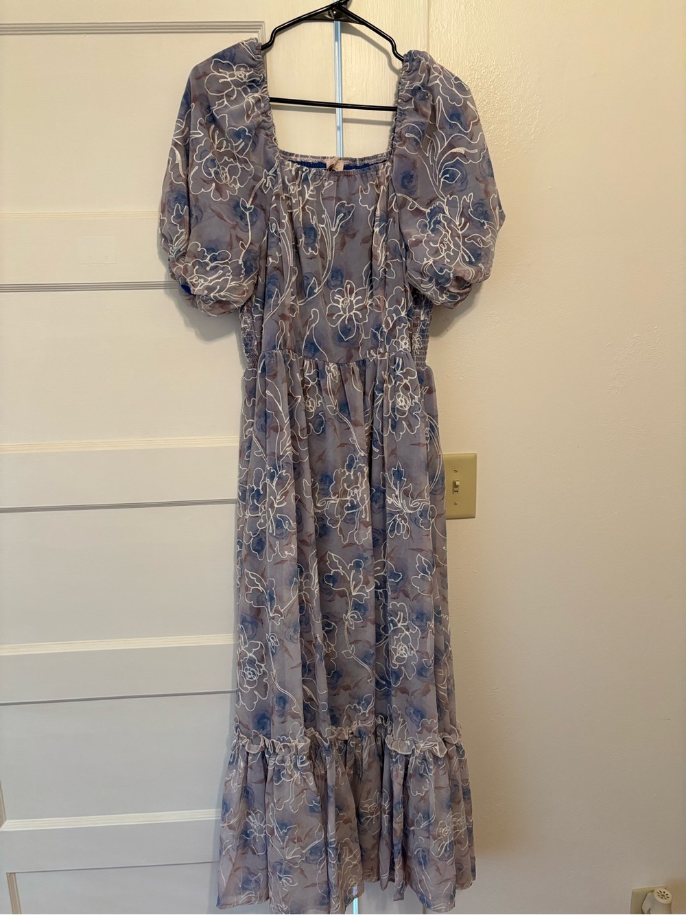 Dusty Blue Floral Maxi Dress with Puff Sleeves